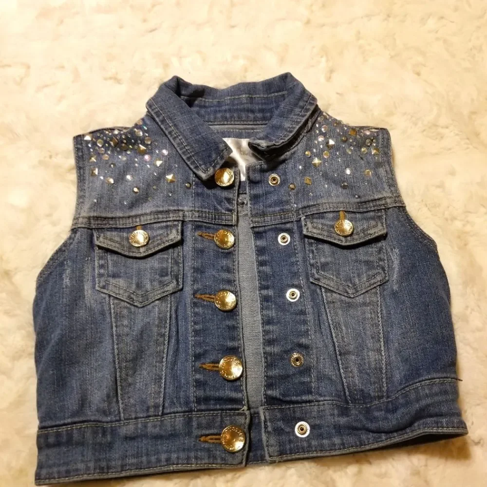 Justice Studded Denim Jean Kids Girls Vest Sleeveless Rhinestones Size 6/7